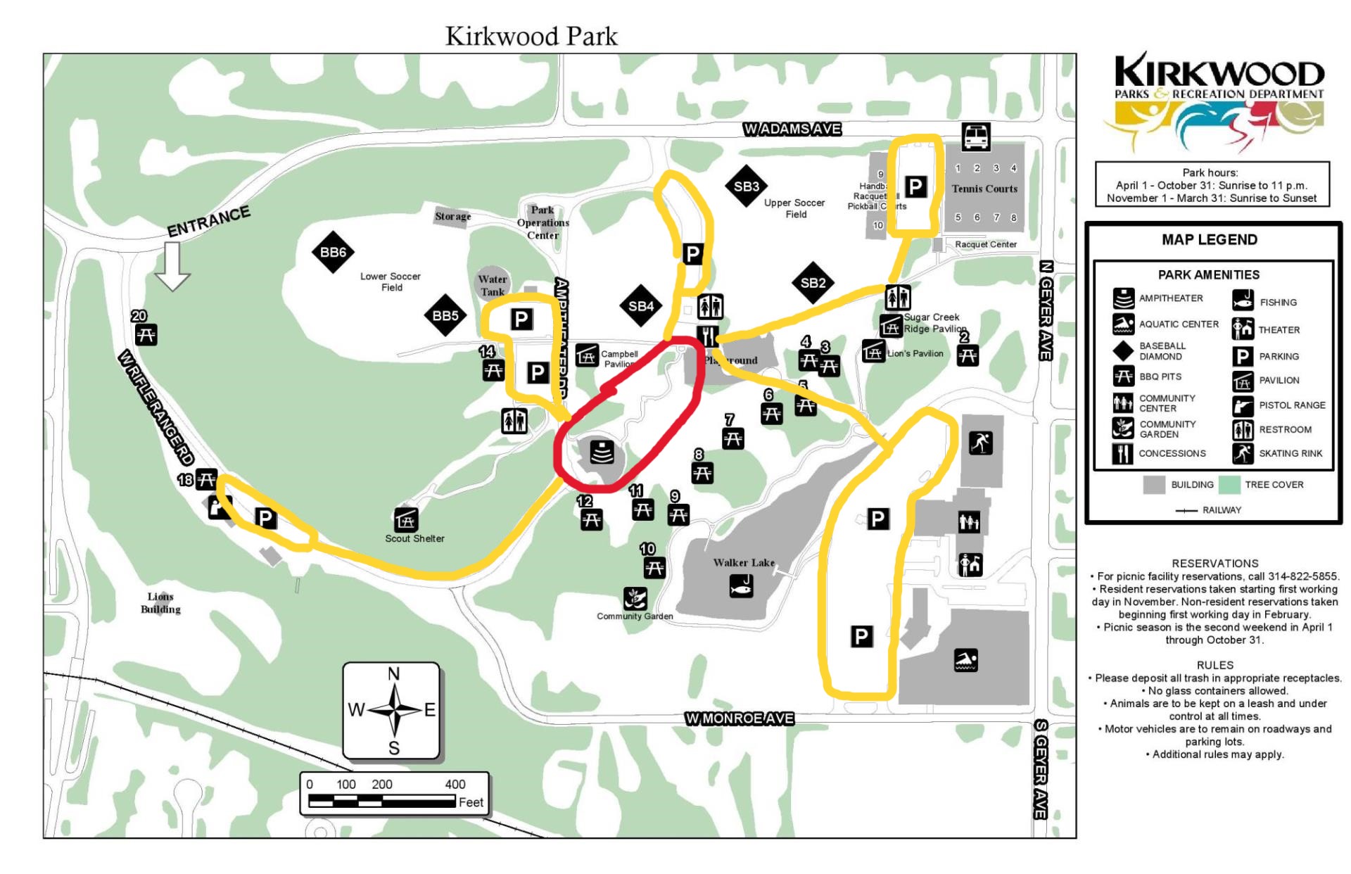 Map of Kirkwood Park showing Lions Amphitheater